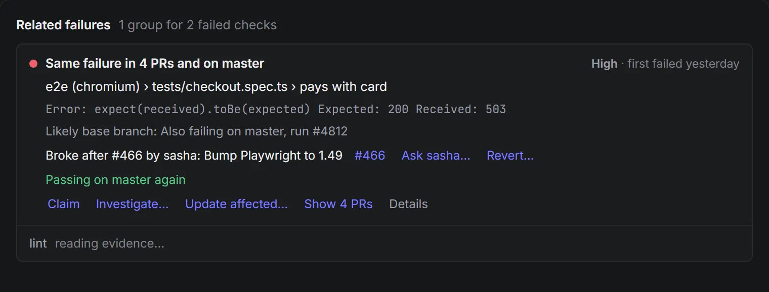 A failure on master traced back to the pull request that caused it