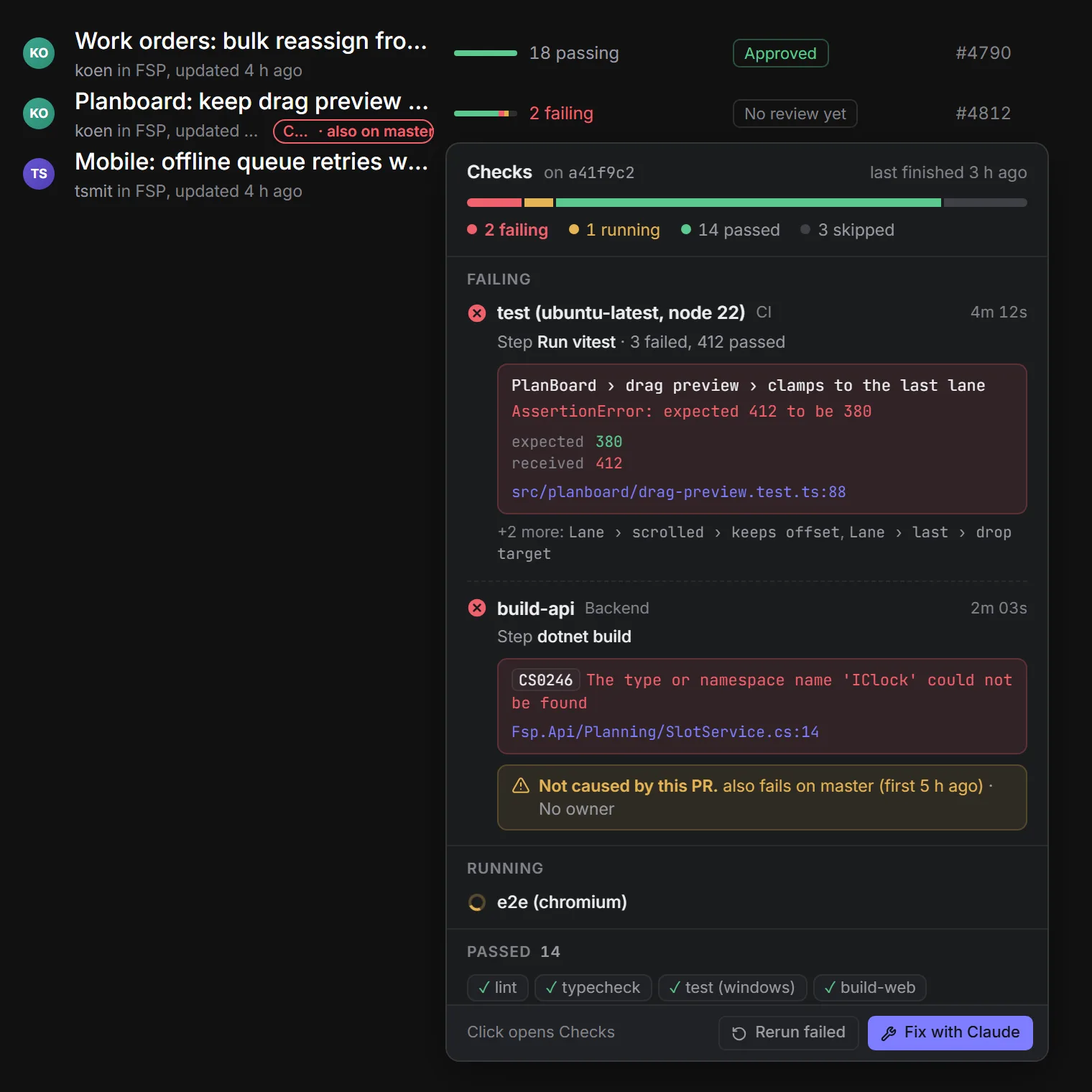 The checks card on a pull request row, with a failing test, a build error that also fails on master, and what passed