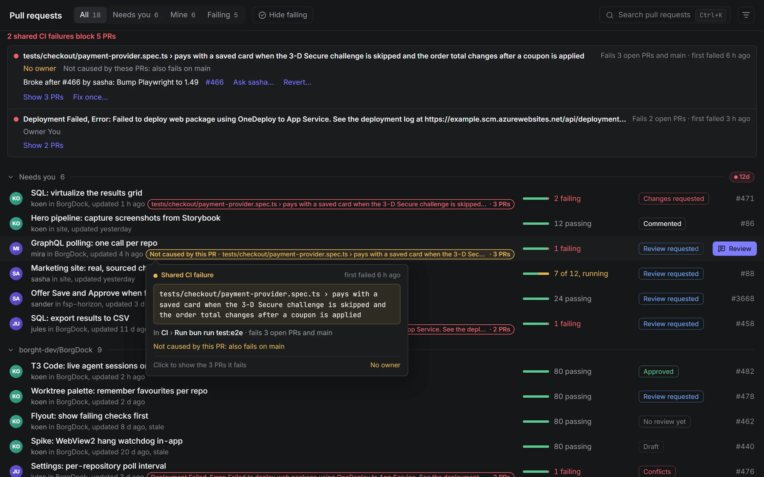 The full text of a shared CI failure in a tooltip on the pull request list