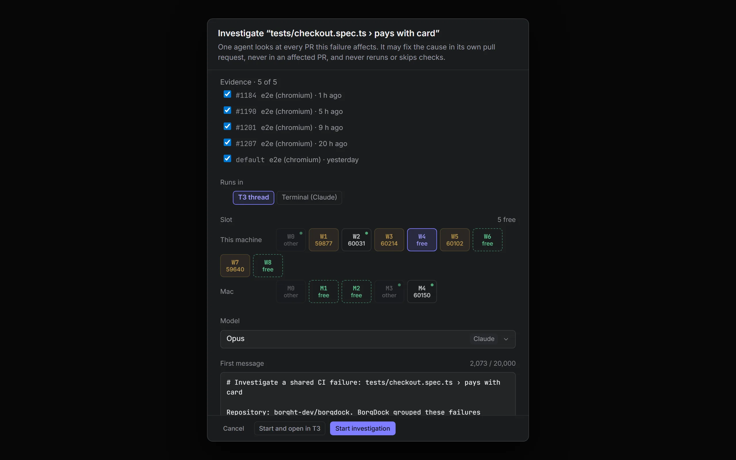 The Investigate sheet for a failure shared by several pull requests