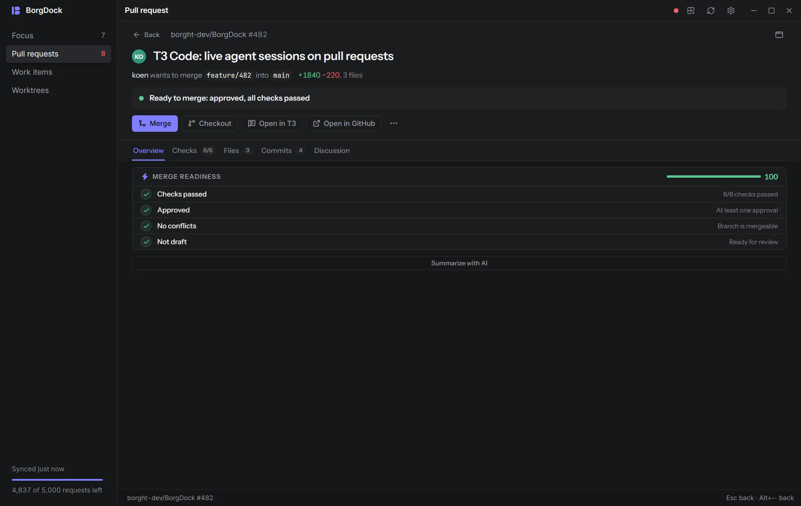 The rail with a pull request open full screen