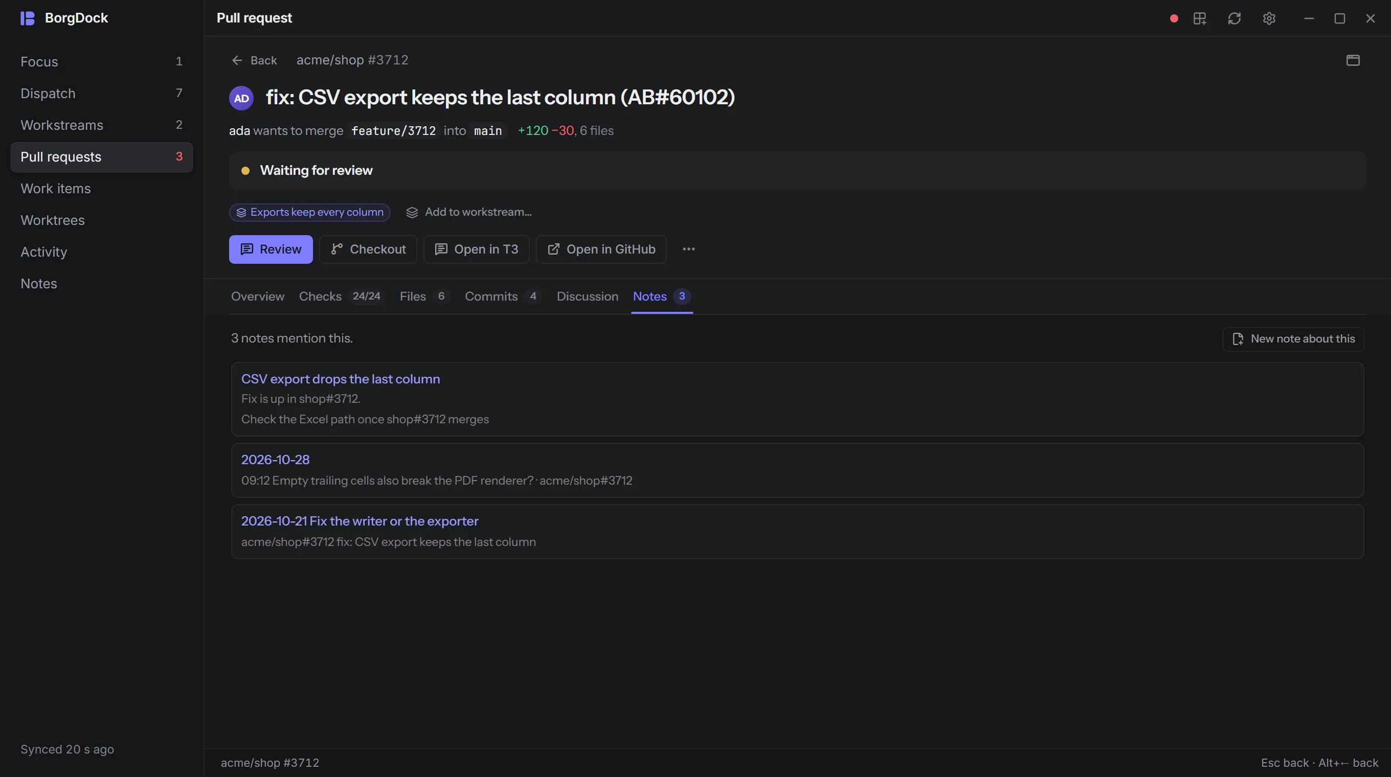 A pull request's Notes tab listing the notes that mention it