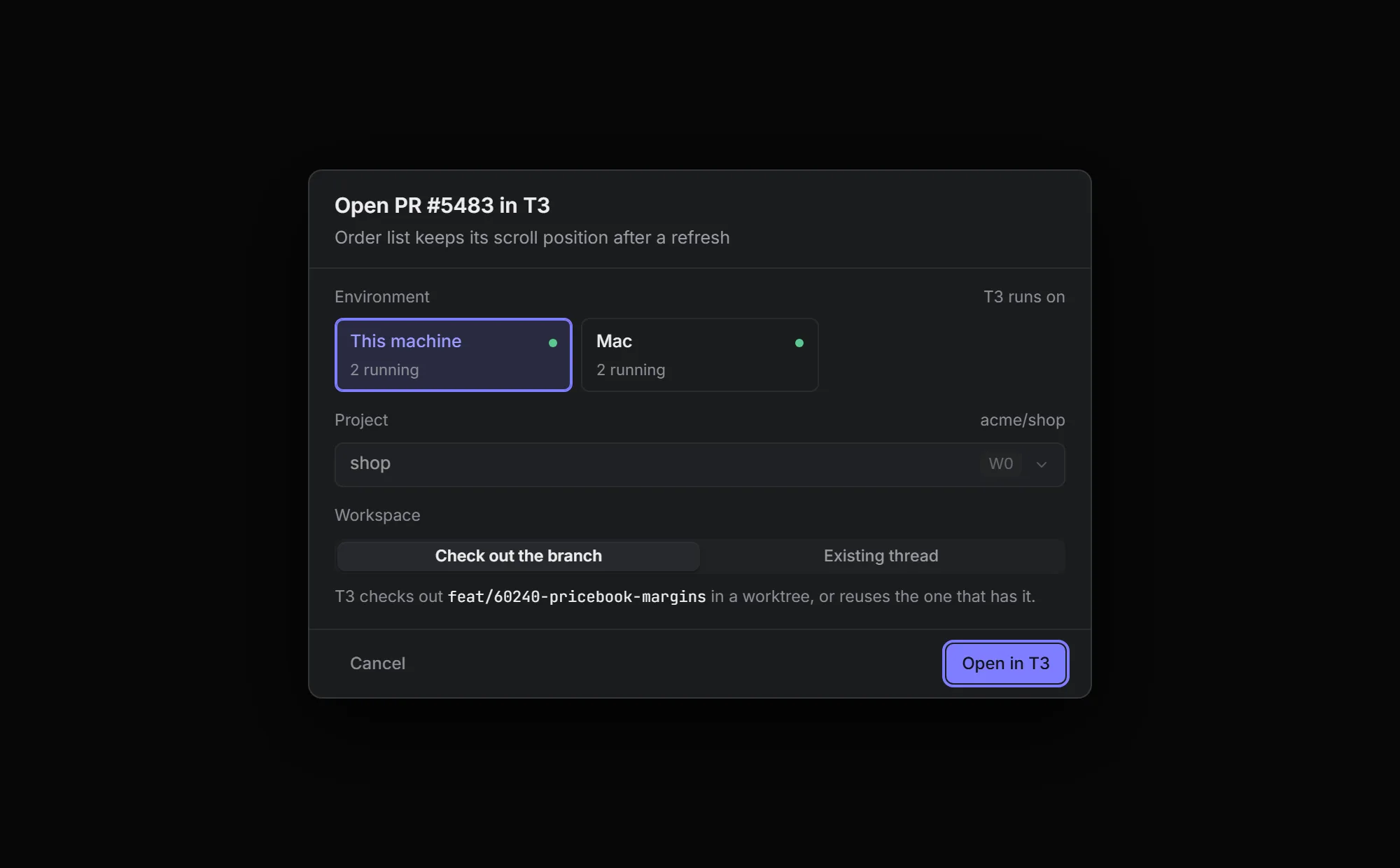 Opening a pull request in T3, with T3 checking out its branch