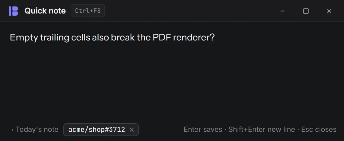 The quick note window linked to a pull request