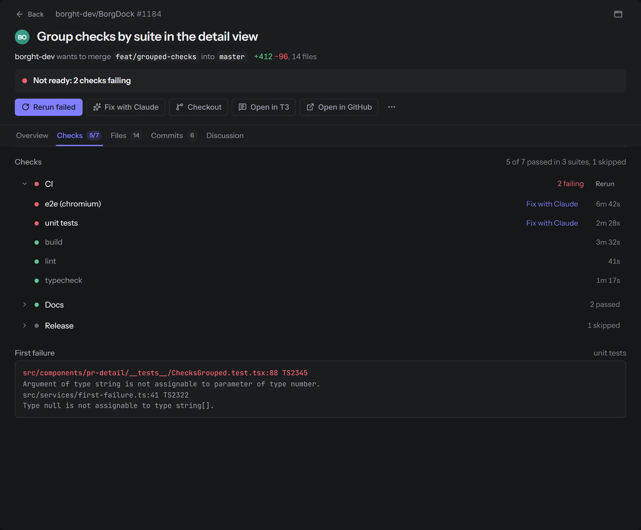 A failing pull request with Rerun failed in the action bar