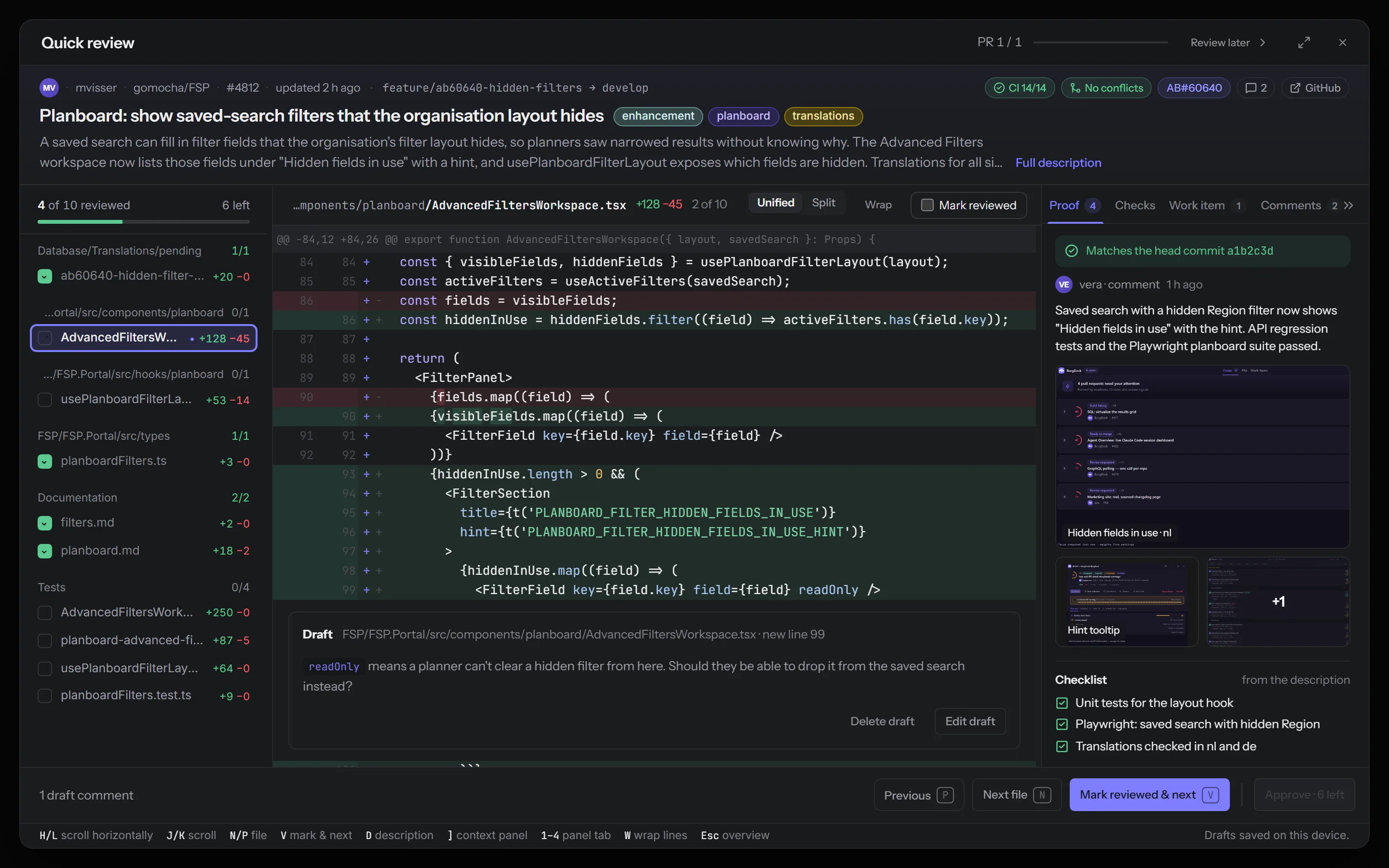 Quick Review with the pull request above the diff and its proof beside it