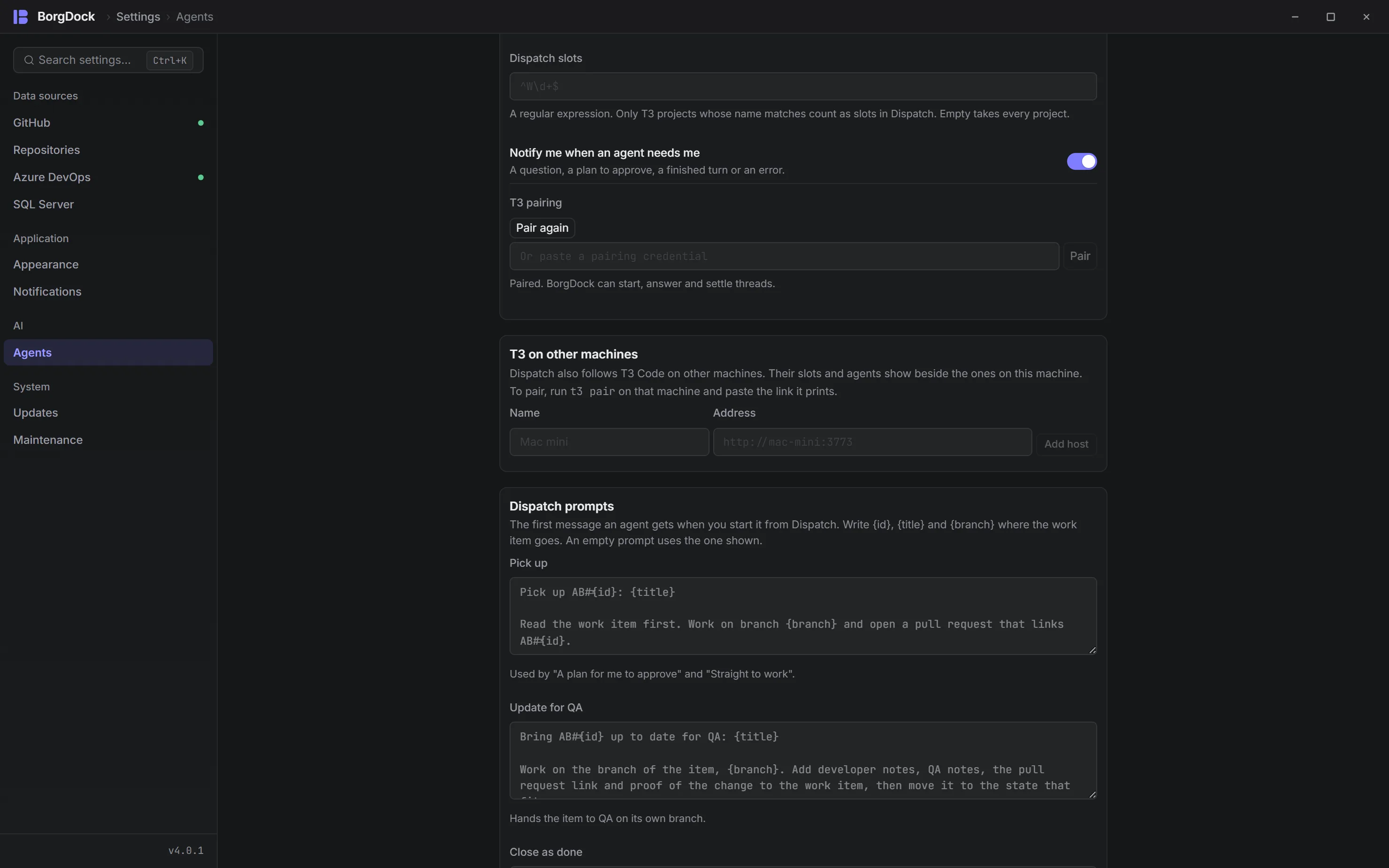 Agent settings with space between sections