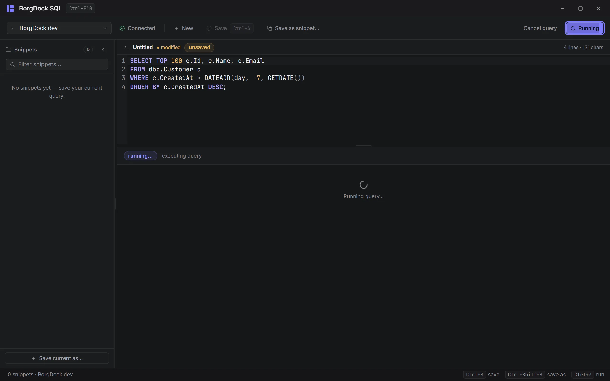 The SQL window with a running query and Cancel button