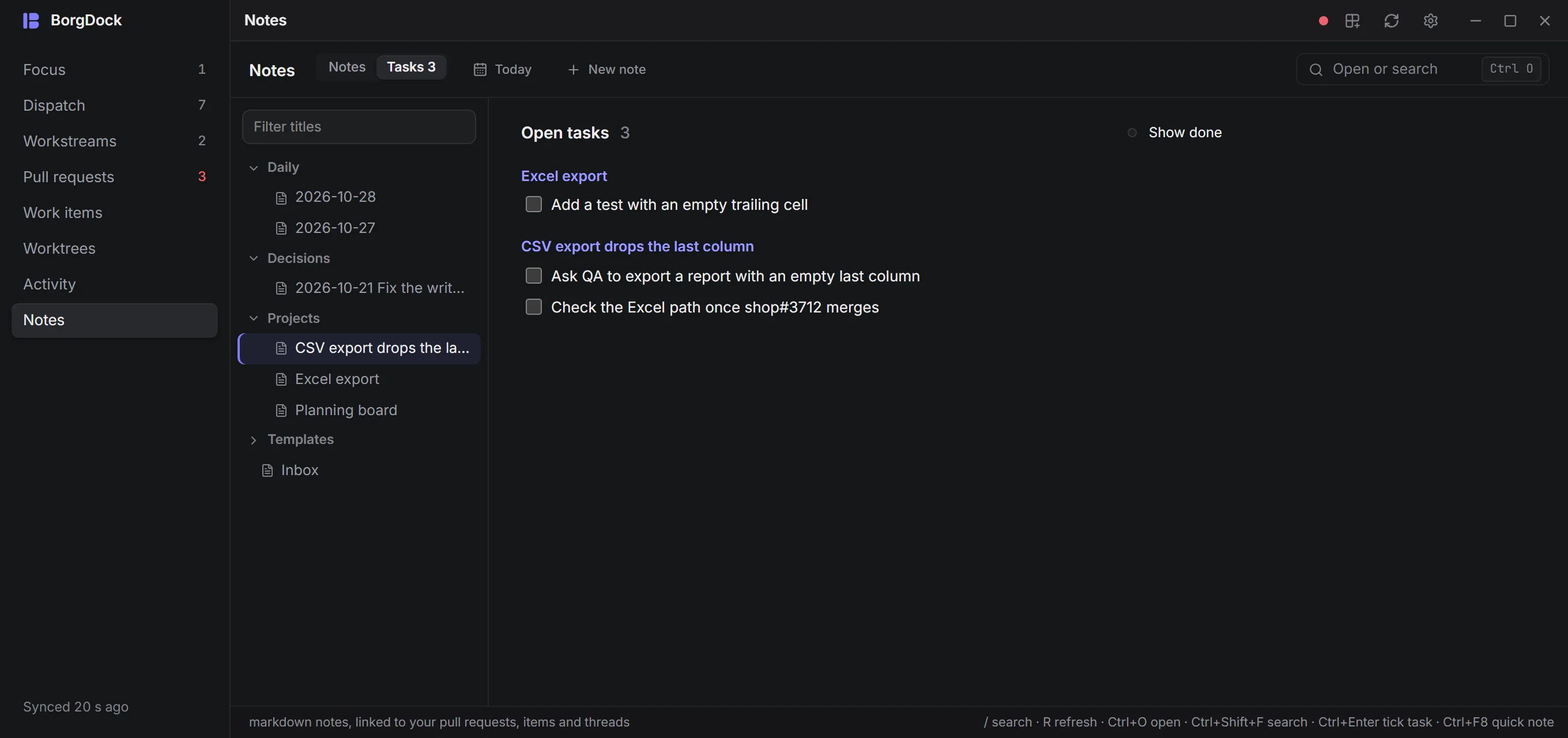 The open tasks across all notes