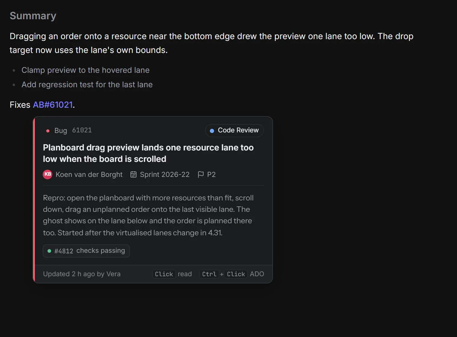 A work item card over the AB# reference in a pull request description