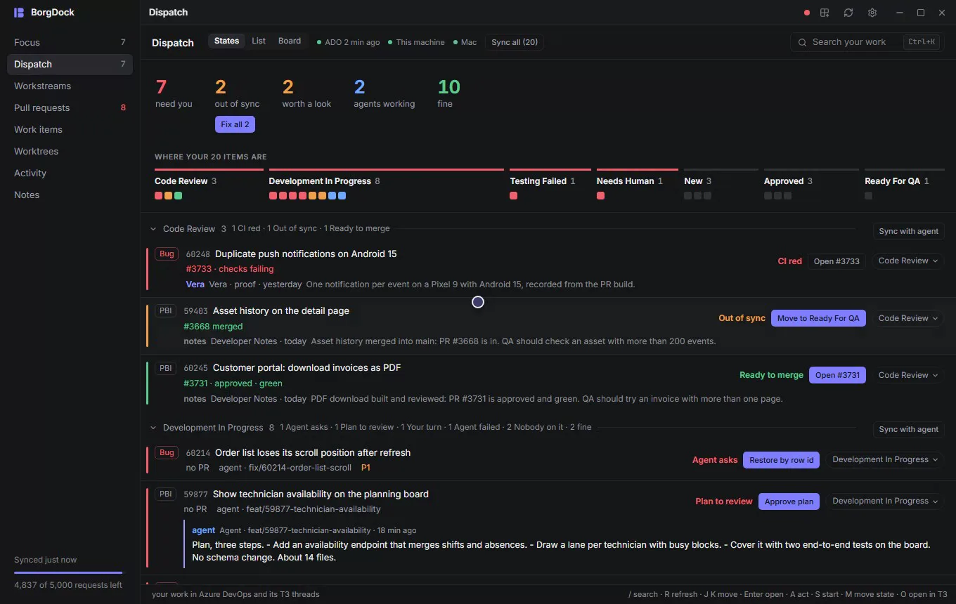 The Dispatch briefing: clicking out of sync narrows the walk to those items, need you shows the ones waiting on you, Clear shows everything and a square opens its item