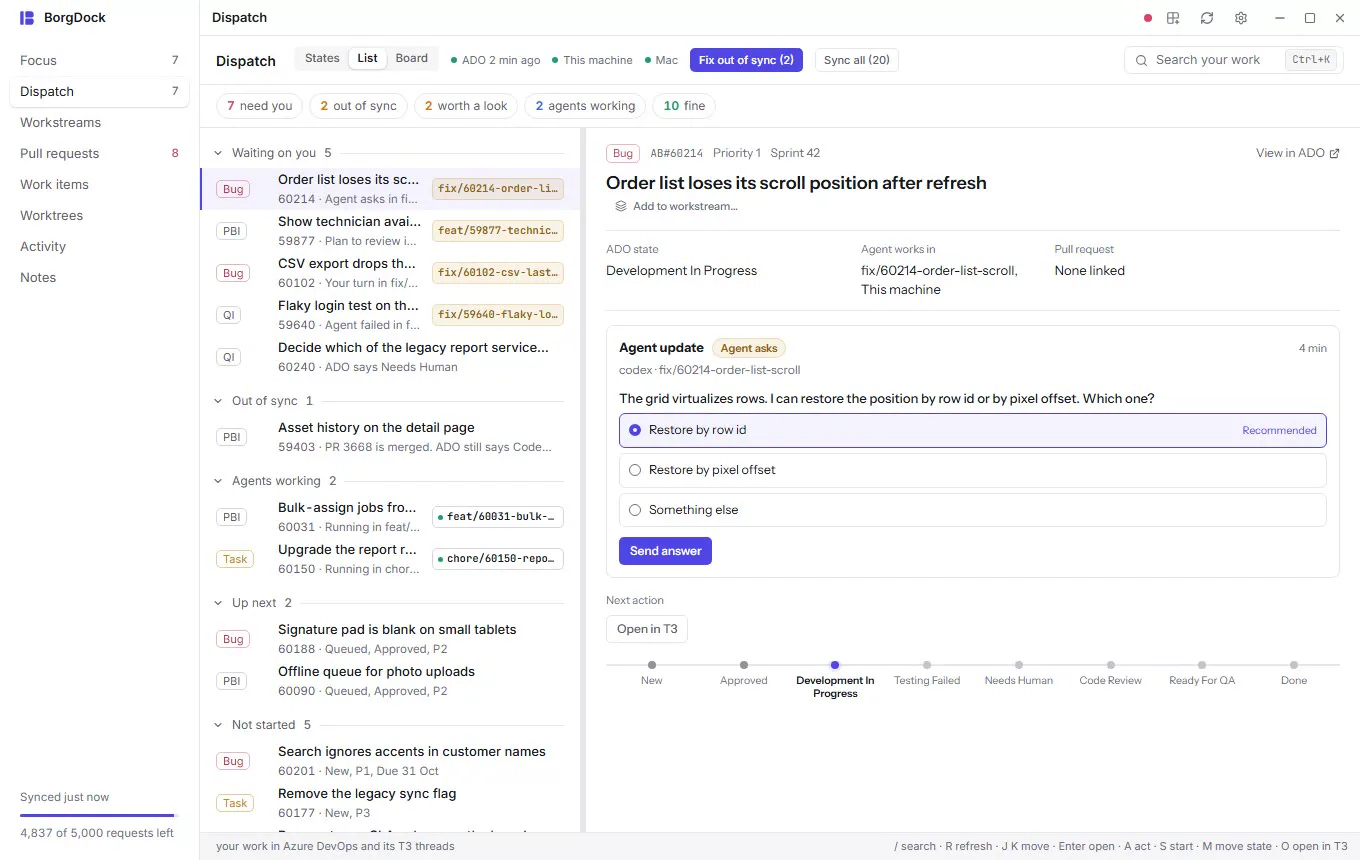 Dispatch as a list; an item with no agent yet gets Start in T3: the launch sheet asks for the machine, the repository, a new worktree, the model, how to begin and the first message