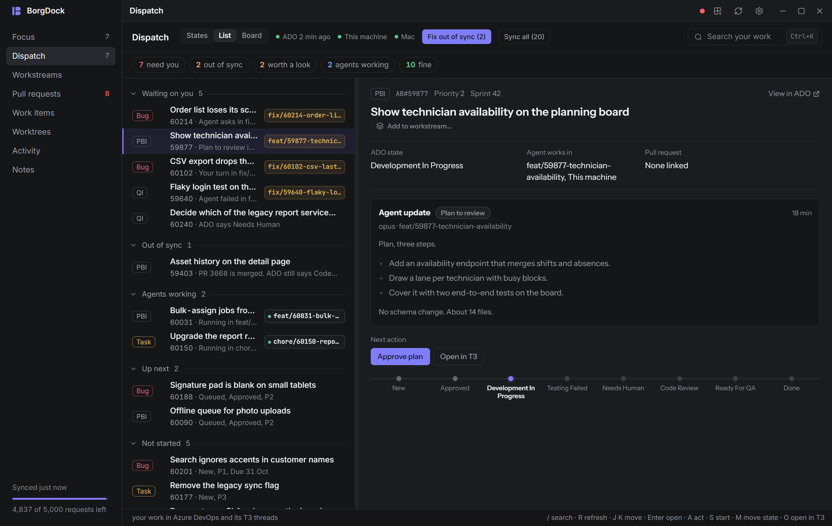 An agent's plan in Dispatch, with Approve plan beside it