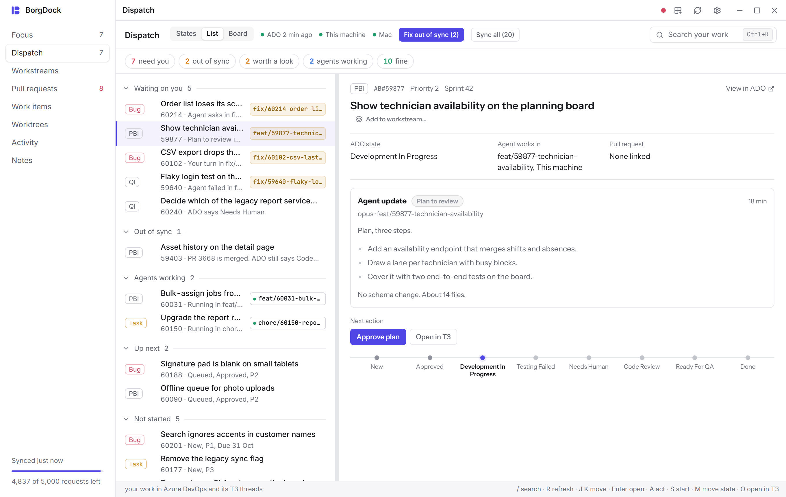 An agent's plan in Dispatch, with Approve plan beside it