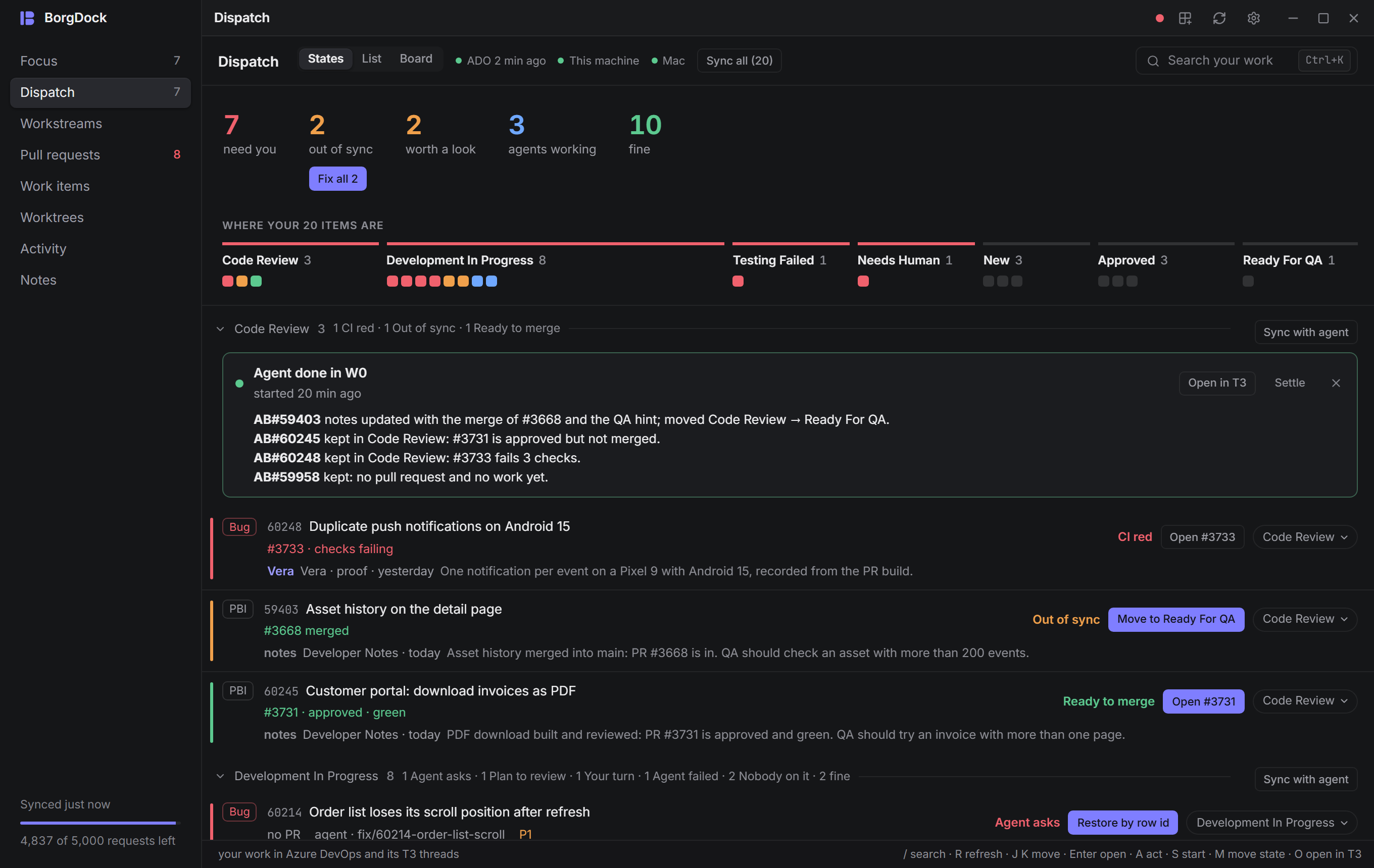 The walk after a sync: the agent's report on each item it moved or kept, with Open in T3 and Settle