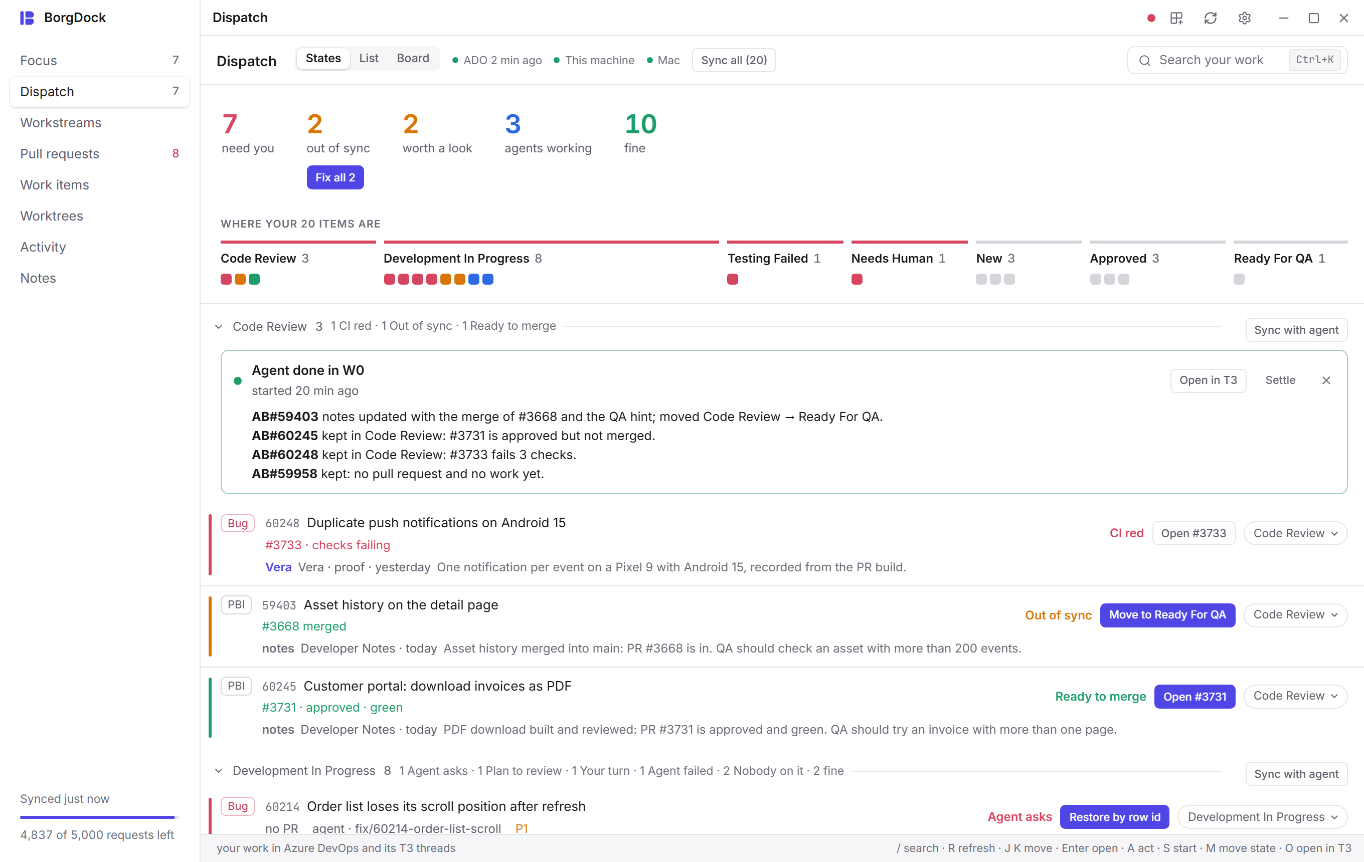The walk after a sync: the agent's report on each item it moved or kept, with Open in T3 and Settle