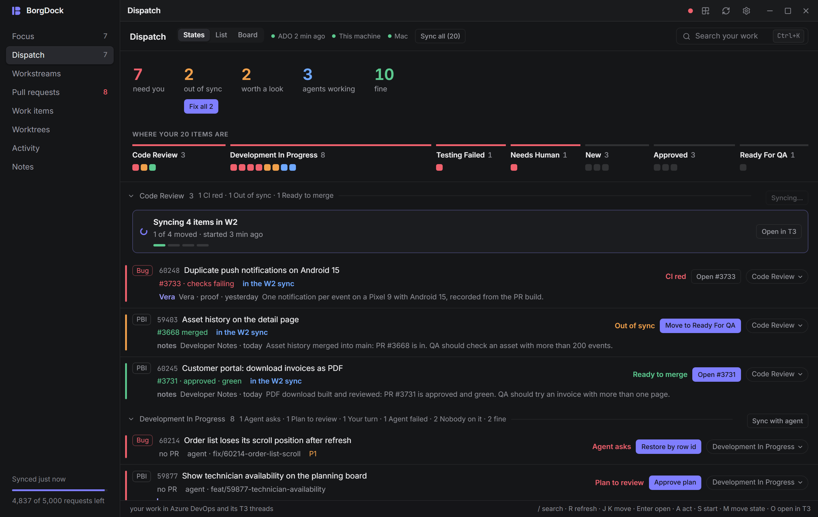 A sync at work in Code Review: the agent, how many items it has moved and a bar per item
