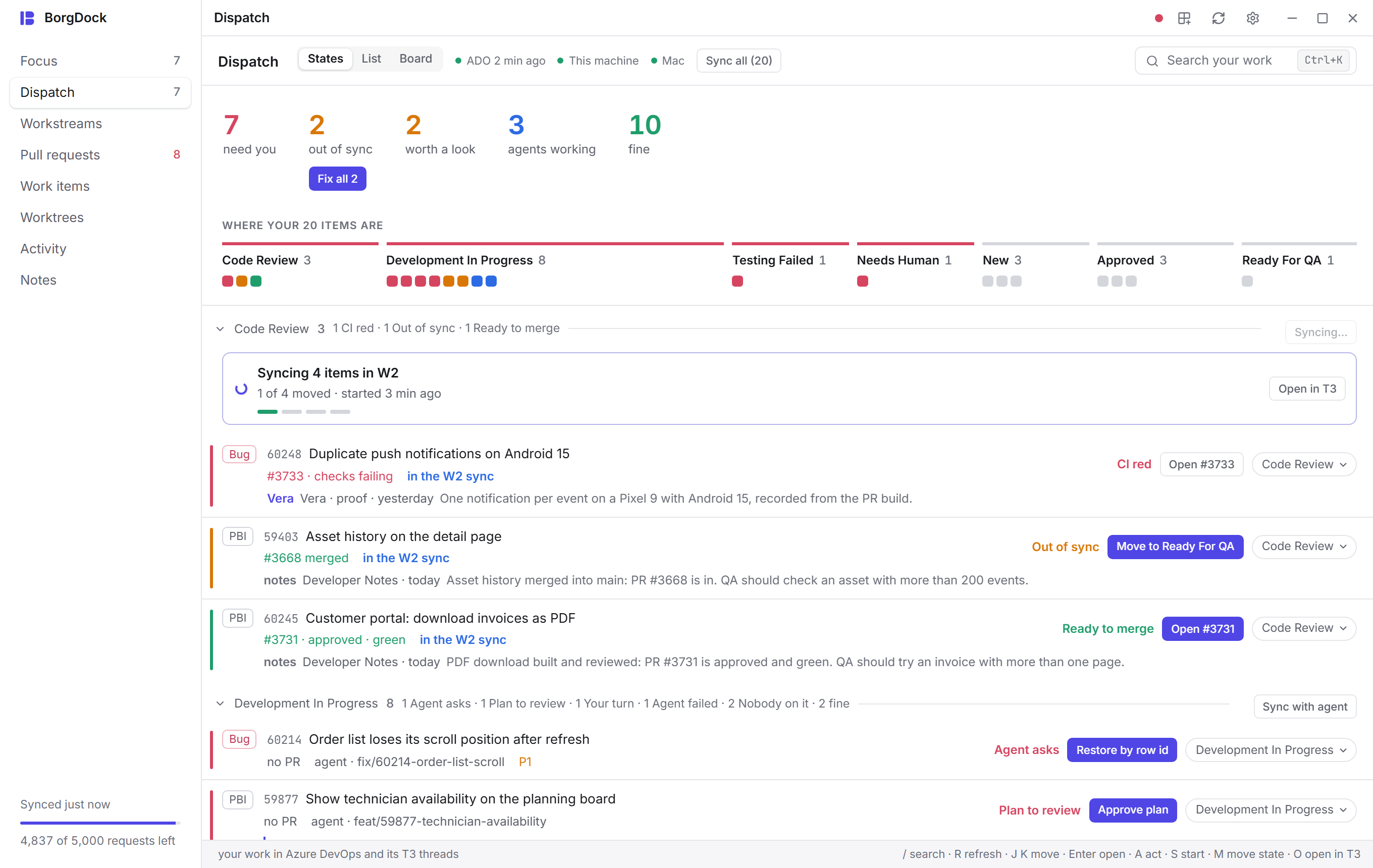 A sync at work in Code Review: the agent, how many items it has moved and a bar per item