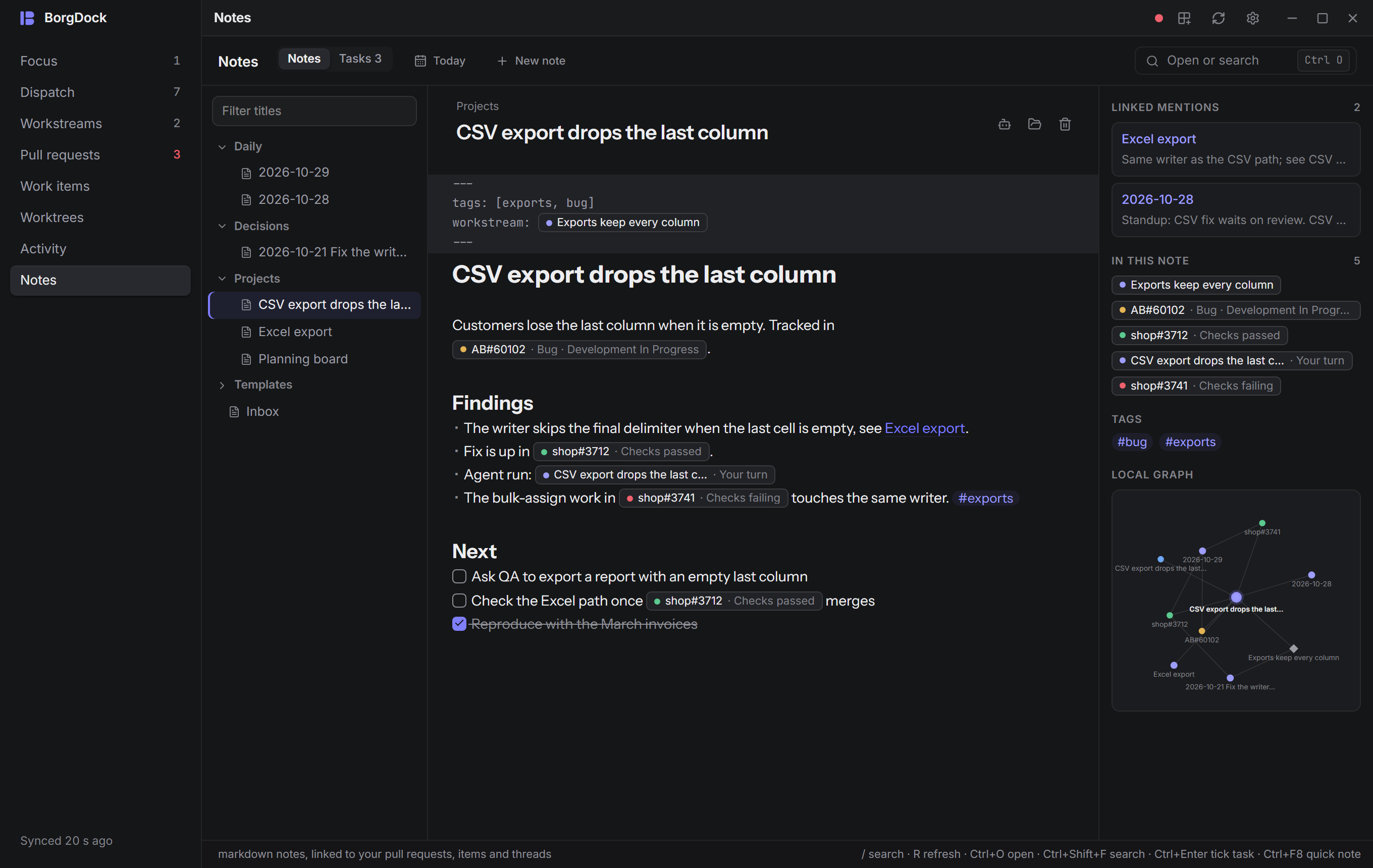 The Notes section: folders, a note in live preview with chips for pull requests and work items, its backlinks, tags and local graph