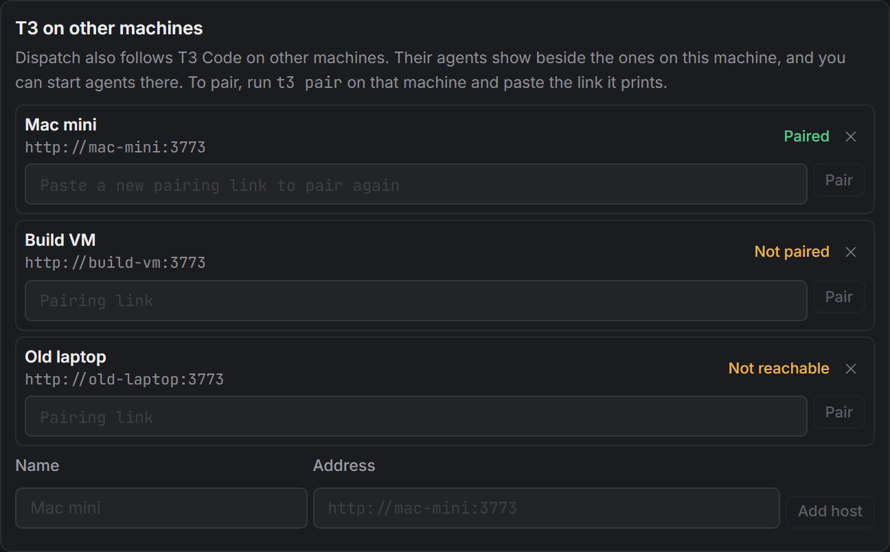 T3 Code on three machines in Settings → Agents: this machine, a Mac mini and a build machine