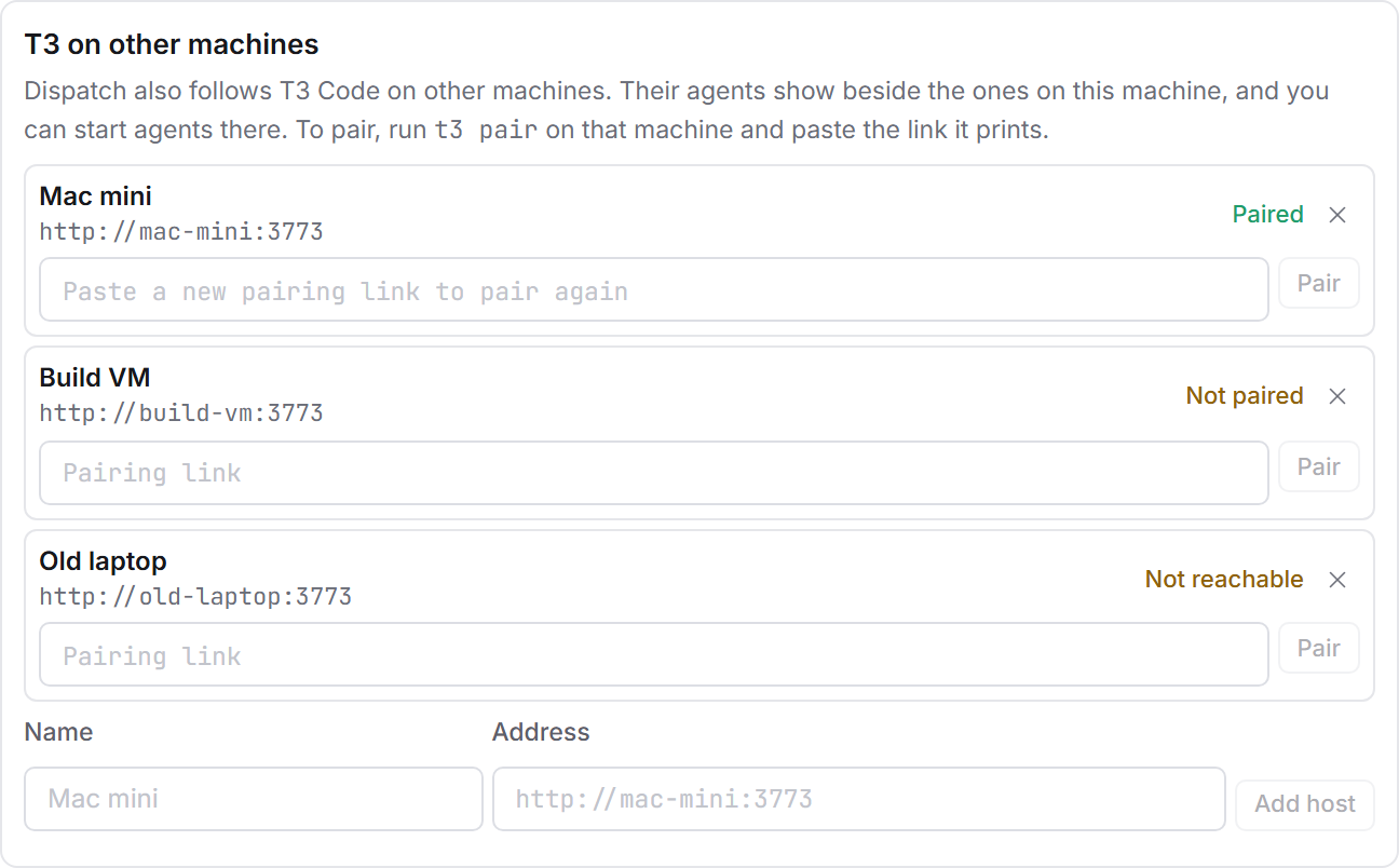 T3 Code on three machines in Settings → Agents: this machine, a Mac mini and a build machine