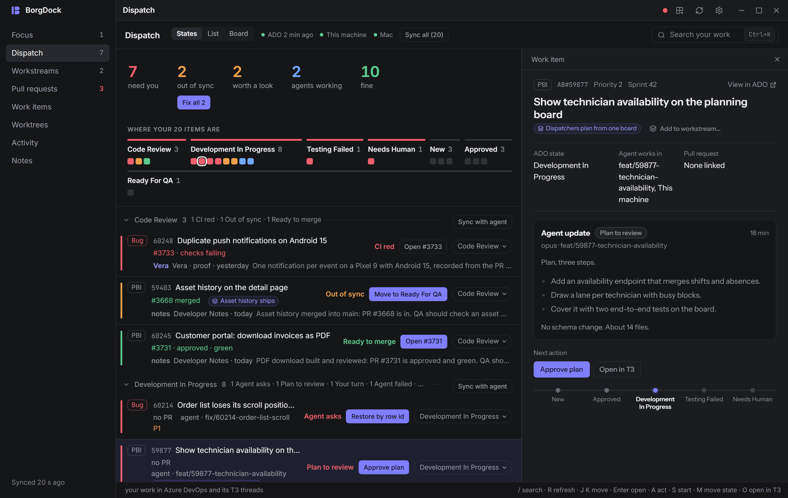 Dispatch rows with the workstream each item belongs to