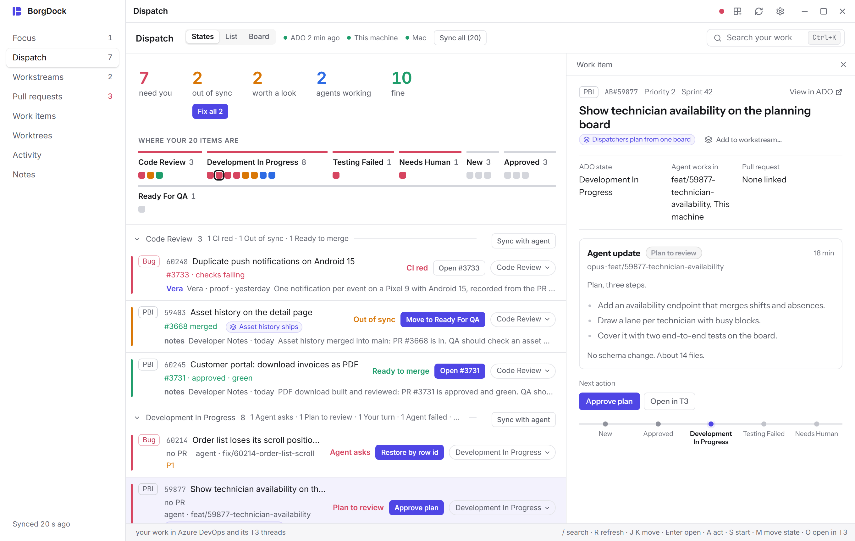 Dispatch rows with the workstream each item belongs to