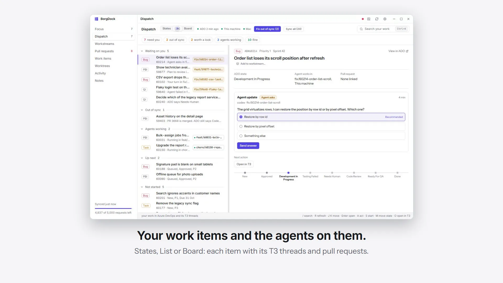 Dispatch in a minute: switch between States, List and Board, filter the briefing, move an item with an agent, fix everything out of sync at once, start an agent in a fresh worktree and open a card