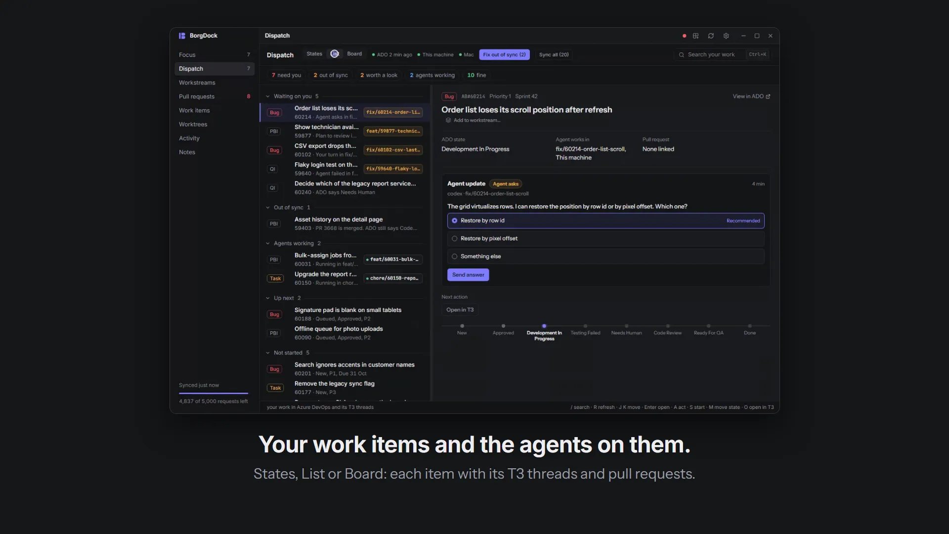 Dispatch in a minute: switch between States, List and Board, filter the briefing, move an item with an agent, fix everything out of sync at once, start an agent in a fresh worktree and open a card