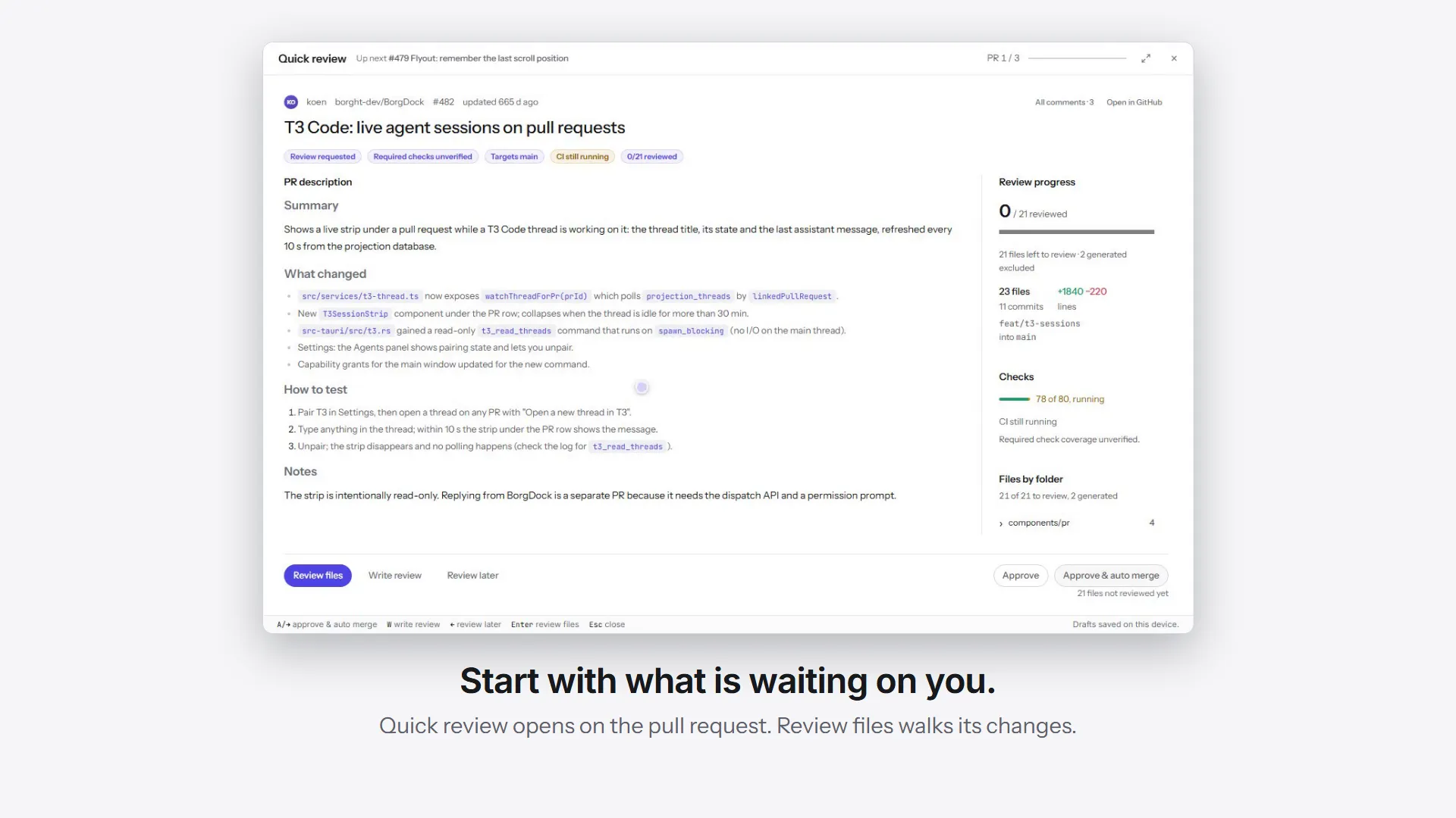 Quick review in a minute: open the next pull request, walk its files with the description and proof in view, compare a changed image, then approve on the last file and move straight on to the next one