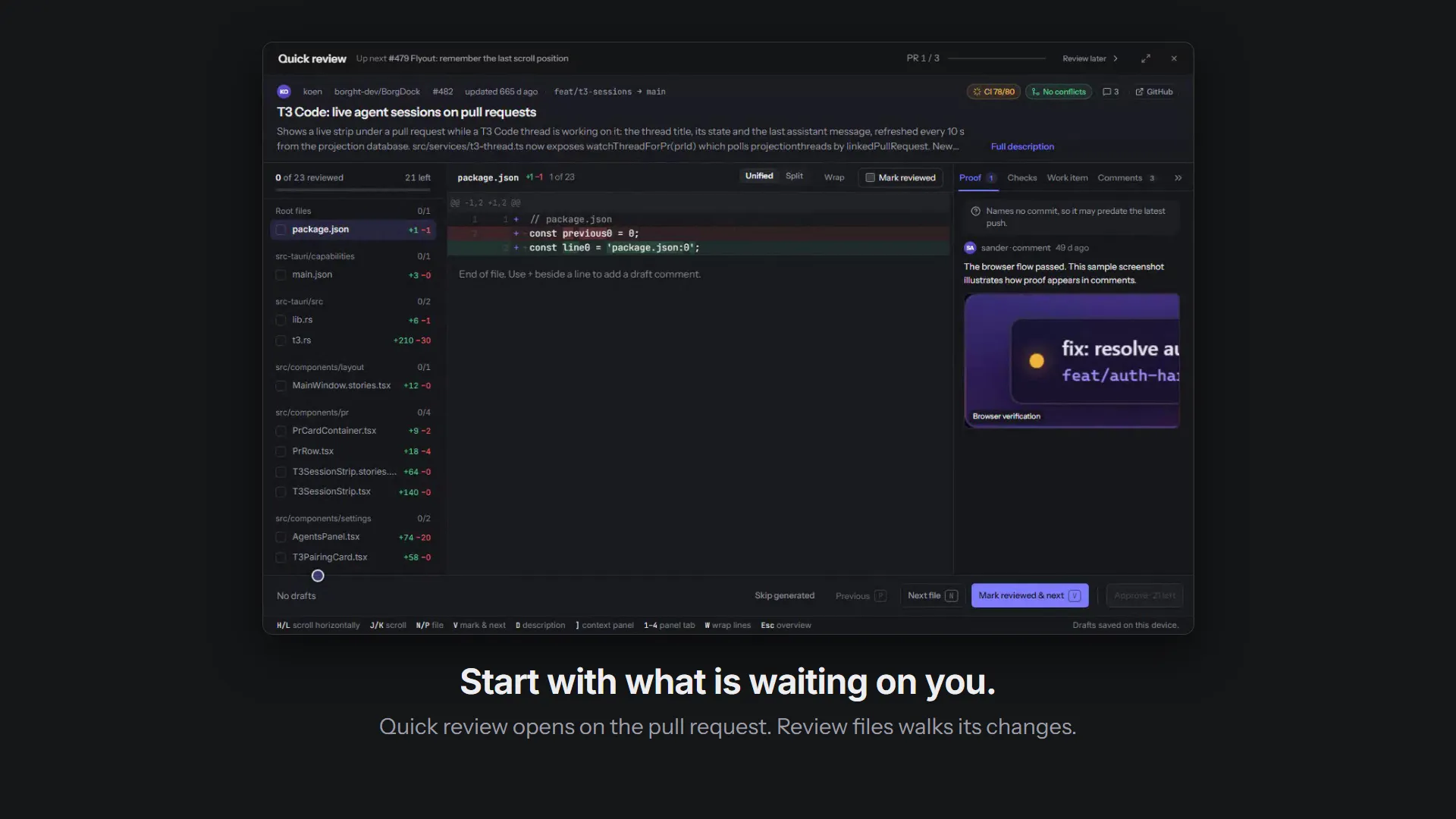 Quick review in a minute: open the next pull request, walk its files with the description and proof in view, compare a changed image, then approve on the last file and move straight on to the next one